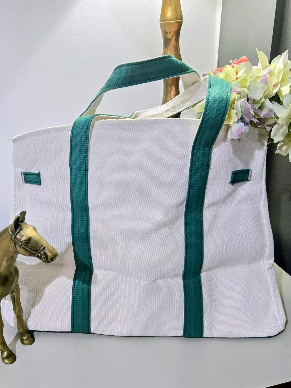 Stylish Canvas Boat Tote - Cream & Forest Green, NEW - Picture 6 of 11